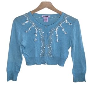Y2K Kenzie Girl | Blue Embellished Cropped Shrug Cardigan Sweater Size XXS